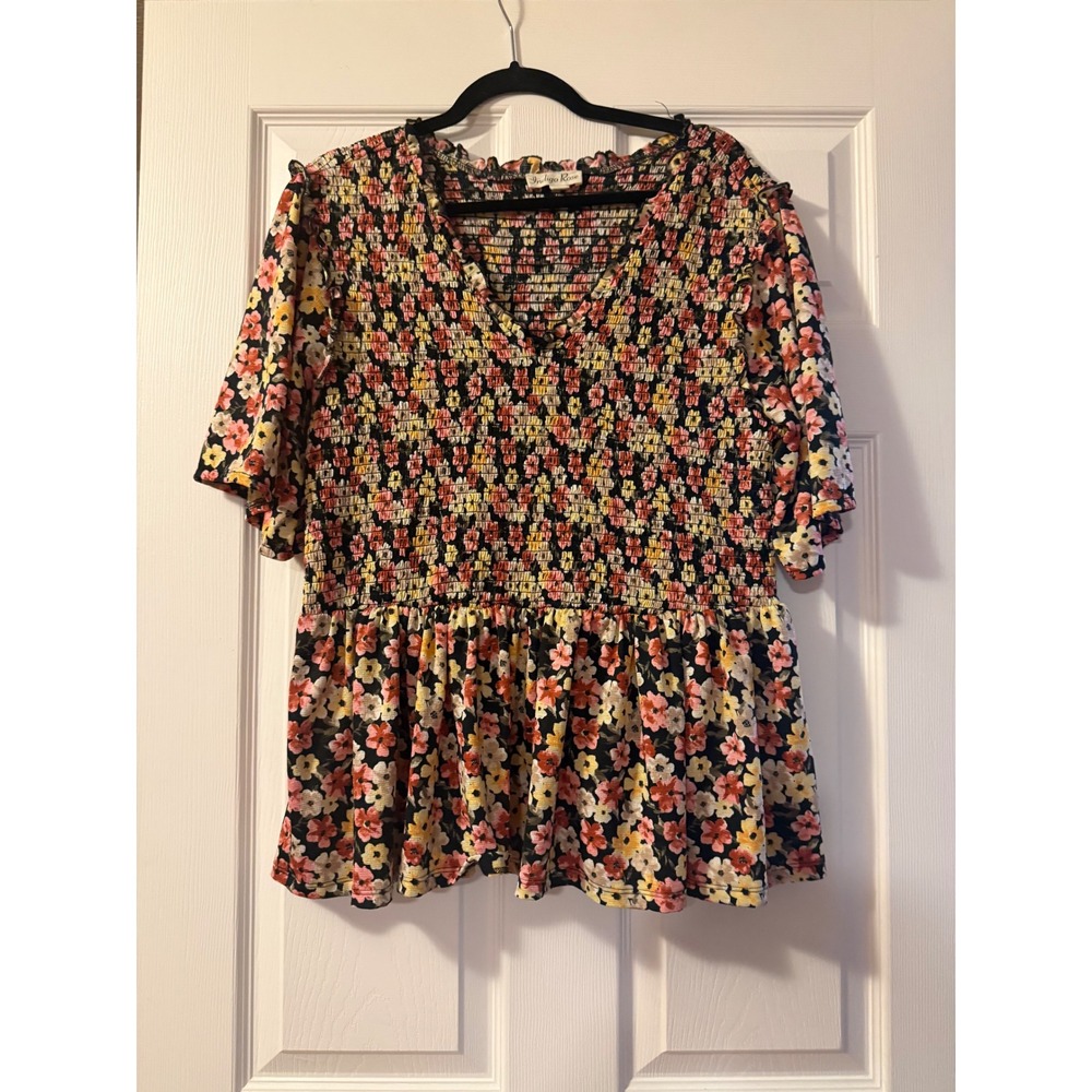 Indigo Rose Womens 2X Floral Smocked Peplum Top V-Neck Flutter Sleeve Black Pink